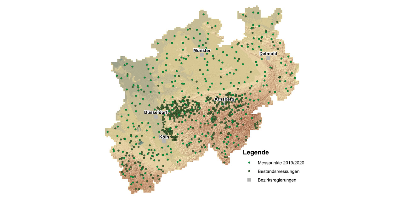 Karte: Radonmessungen in Nordrhein-Westfalen in den Jahren 2019-2020