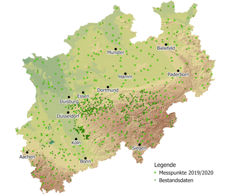 Karte: Radonmessungen in Nordrhein-Westfalen in den Jahren 2019-2020