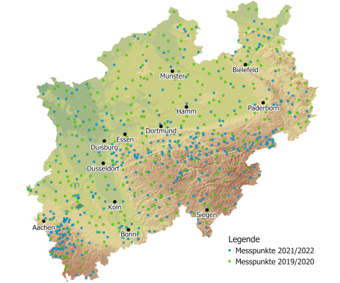 Karte mit Radon Messpunkten aus dem Messprogramm Bodenluft (2019-2022)