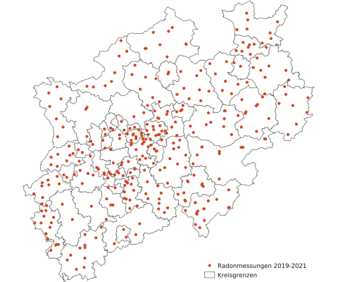Karte: Messungen der Radonaktivitätskonzentration in der Innenraumluft in Nordrhein-Westfalen 2019-2021