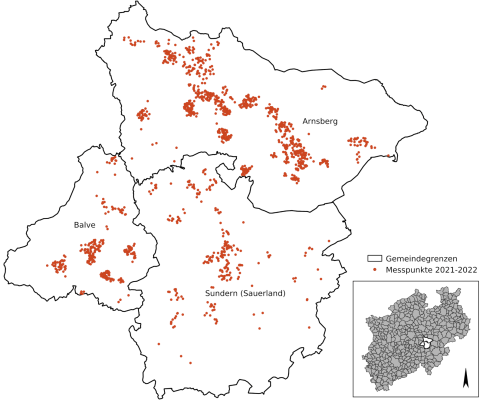 Die Karte zeigt die 1.442 Gebäude in Arnsberg, Balve und Sundern, in denen die Radonaktivitätskonzentration in Innenräumen im Rahmen des Messprogramms bestimmt wurde.